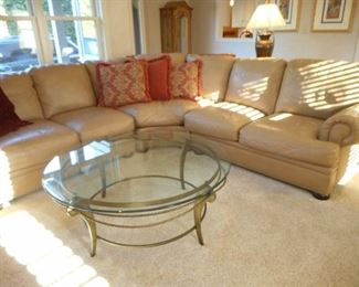 3 - Piece Leather Sectional from Porters; Large Glass top Coffee Table
