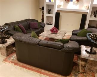 Natuzzi  leather sofa  set - 3  pieces (black)  -  Macys original 4500$; Marble like 3 tables set of 3 