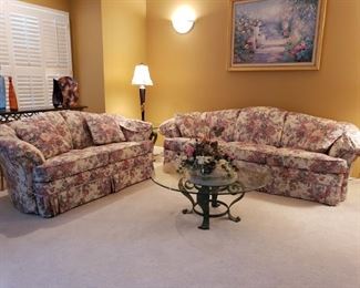 Custom made fabric traditional floral sofa pair