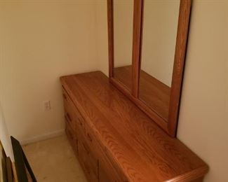 large solid oak wood cabinet dresser with mirror (goes with bed headboard cabinet set)