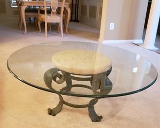 coffee table, thick glass, solid metal legs (green)  - 40in dia  x 16in ht