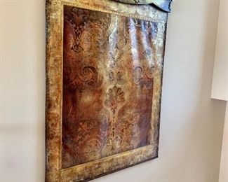 Oversized hand painted oil cloth 5’4” by 7’ with metal valance