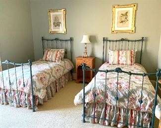 Pair of matching twin size iron beds, mattresses, and linens (linens have been SOLD on one of the beds)