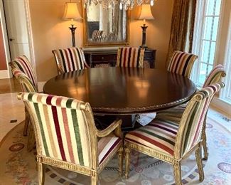 6’ round table with 8 Serra chairs in Brunschwig & Fils silk velvet