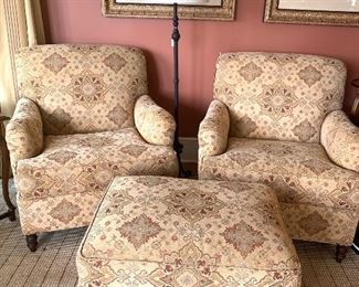 pair of arm chairs (not typical recliners, but slightly recline) one with an ottoman 