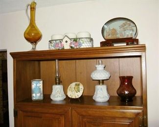 Sold: amber decanter & oil lamps