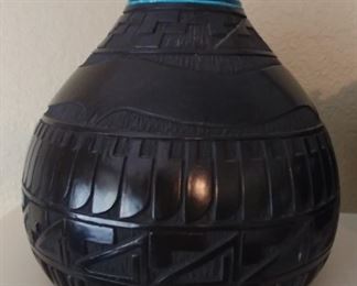 50% OFF TODAY! Native American Pottery by Blackmore with Turquoise Bands 11" by 7.75" Asking $525.00