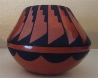 50% OFF TODAY! Native American Pottery with Feather Motif by Mary H Lonetto Jemez Black on Red Pottery 4" by 3.25" Asking $395.00