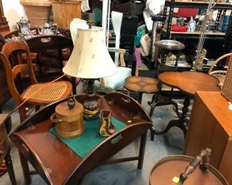 Assorted antique side tables and chairs
