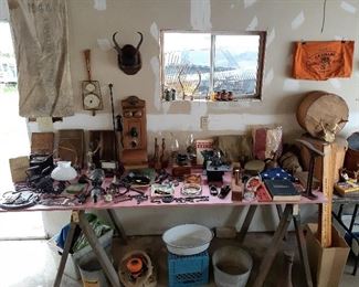 antiques, wall phone, Cadillac, bottle jack, shoe iron, electrical, fire department, US military, Jet chain fall, weather station, antlers, hand planes, seed bag, yard sticks