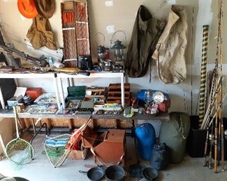 Crossman 2100 BB gun, Bear compound bow and arrows, Shakespear, Penn Peer, South Bend reels, Rods and reels, ice fishing, fly fishing, lures, Coleman lanterns, Wagner and Alfred Andresen cast iron pans, binoculars, hand warmers, clothing, camo