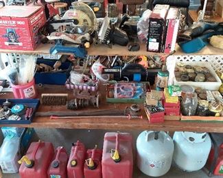 Ryobi 7” miter saw, reciprocal saw, Craftsman Pro jigsaw, hammerhead, belt sander, Skilsaw circular saw, gas cans, propane, Ridgid pipe dies, pipe cutter