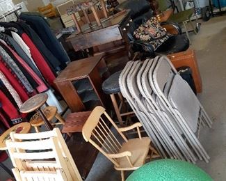 folding chairs, end tables, coffee table, leather office chairs, box fan, stools