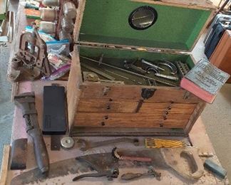 Machinist tool chest, Starrett mics, bench pipe vice, work bench