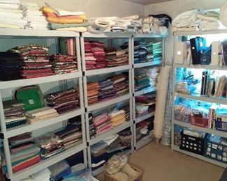 quilting fabrics and quarters (numerous) , large pieces of fabric, large bolts of fabric, quilting kits, quilting projects, quilting patterns, Anita Goodesign CD projects, crafting kits, various sizes of templates, fiber fill, backing, batting, doll patterns