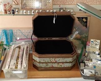  knitting needles, zippers, craft ironing boards, irons, souvenir thimbles, antique sewing box, craft lamps