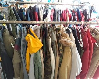 winter coats/jackets, leather jacket, hunting clothes, red long johns, camo