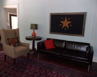 Modern Wing Back Chair, Modern Leather Love Seat & "Vintage" Texas Flag