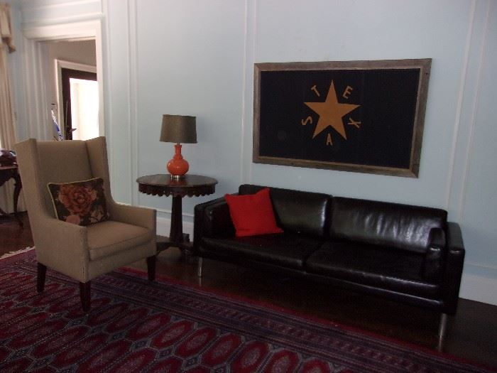 Modern Wing Back Chair, Modern Leather Love Seat & "Vintage" Texas Flag