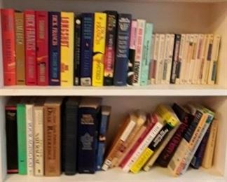Book collections by JK Rowling, Clive Cussler, Martin Cruz Smith, Dick Francis, John D MacDonald, Robert Ludlum, Len Deighton, Julie Smith, Patricia Cornwell, 
PG Wodehouse and bookshelves. Not all collections pictured - see list. 
