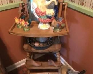 Vintage high chair and cock a doodle doo, vintage cans and crocks