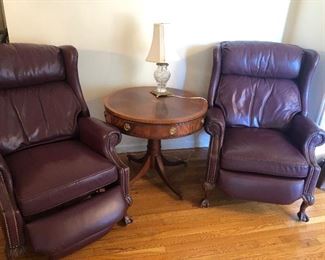 Pair leather recliners  98.00 each. Drum table 95.00
