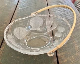 $40 Glass "Shell" bowl with handle 11.5" wide