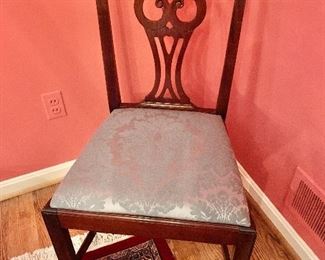 $750 Six light green damask Chippendale style chairs available (2 arm chairs and 4 side chairs)