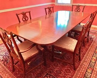 $1,250 Hickory Chair Co. double pedestal dining room table; 72" long plus two leaves  (each leaf is 22" wide), 46" wide, 30" H. 