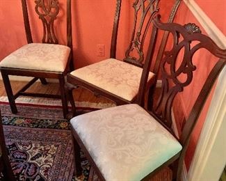 $375 Three cream damask Chippendale style dining chairs - one three side chairs
