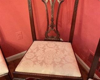 $375 Detail: Three cream damask Chippendale style dining chairs - three side chairs