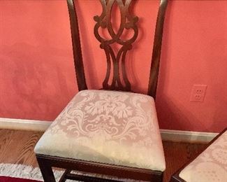 $375 Detail: Three cream damask Chippendale style dining chairs - three side chairs