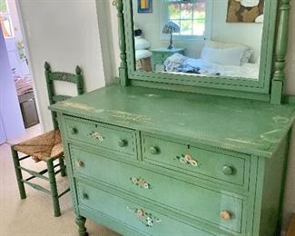 $250 Shabby chic, distressed dresser with mirror 45" Wide by 36.5 " High by 22" deep. Mirror 33.5" Wide by 27.5" High
