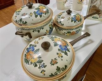$75 Vintage Asta Floral Cookware Enamelware with brass handles made in Germany