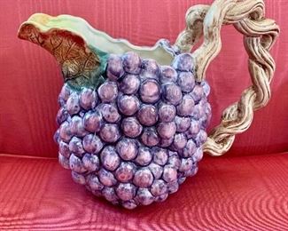 $20 Fitz and Floyd grape themed pitcher; 8" H, 10" W, base 4.5" diam
