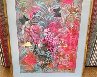 $120 Floral painting Gold bamboo frame 29.5 " Long by 23.5 " wide Signed Ruth Springer