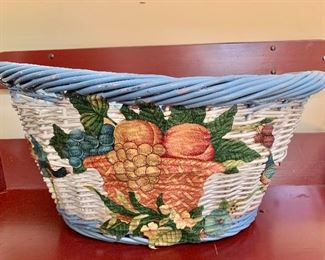 $30 Decoupage/painted basket, smaller one. 24" W, 18" D, 12" H.