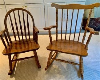 $60 each Child size furniture Rocker and Windsor style rocking chair. Chair on left: 26" H, 16.25" W, 13.5" D. Chair on right: 27" H, 20.5" W, 13.5" D. 