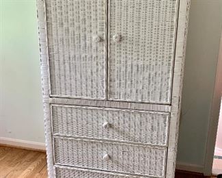 $300 Wicker cabinet, minor areas of chipped paint.  32" W, 58" H, 21.5" D. 