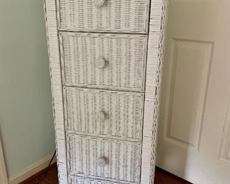 $200 Tall wicker chest, minor areas of chipped paint. 17.5" W, 46" H, 17.5" D.