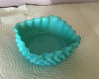 Fenton Blue Milk Glass Hobnail Square Scalloped top Candy Dish