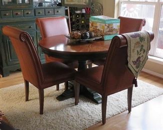 Pedestal dining table by American Drew, leather dining chairs