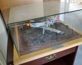 P-51 Mustang  fuel depot model in glass/wood display case