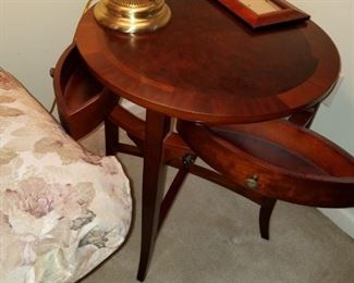 pair 24" round wooden end tables, with drawers