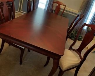 Dining set by Vaughan Furniture. Table: 78" long (including one 18" leaf) , pads & 6 upholstered chairs