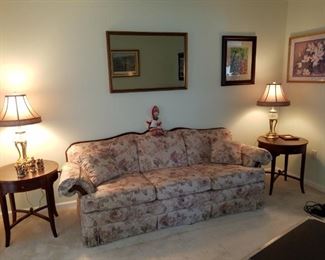 floral sofa w/ wood trim: 80"