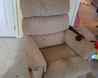 tan, cloth, reclining  living room set. Recliner, NOTE has fabric "damage" at headrest area but has cloth to cover