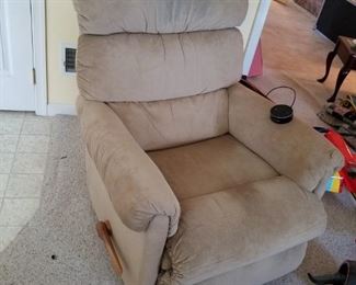 tan, cloth, reclining  living room set. Recliner, NOTE has fabric "damage" at headrest area but has cloth to cover
