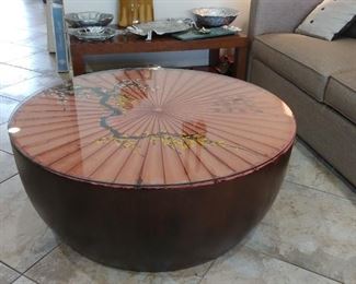 Barrel Coffee Table shown with Asian Cherry Blossom Fan under Glass