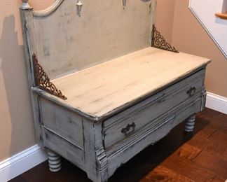 Upcycled Painted Bench with Storage Drawer $195
42" wide, 42" tall, 20" deep; seat height 21"